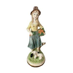 Artmark Made in Portugal Farm Girl w/ Carrot Basket and Sheep Statue Figure 12"